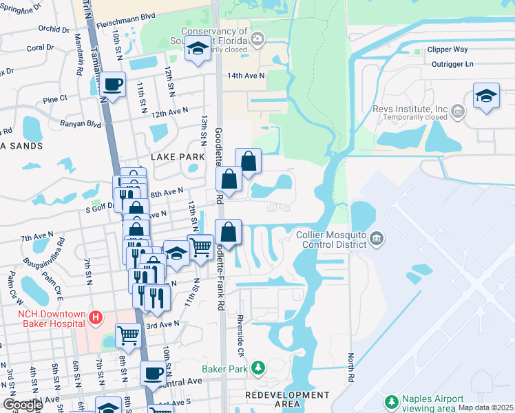 map of restaurants, bars, coffee shops, grocery stores, and more near 704 Goodlette Road North in Naples