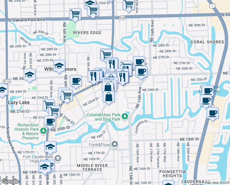 map of restaurants, bars, coffee shops, grocery stores, and more near 1220 Northeast 24th Street in Fort Lauderdale