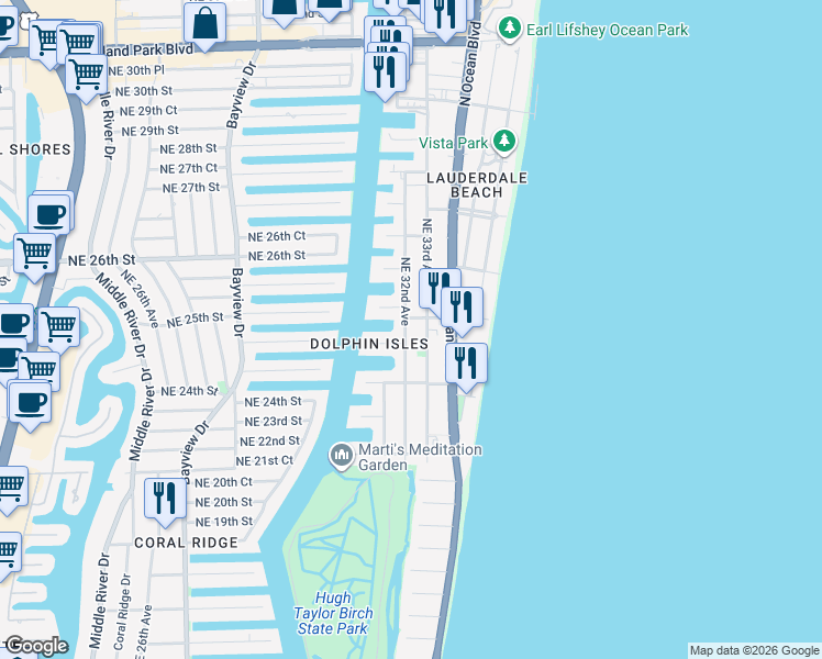 map of restaurants, bars, coffee shops, grocery stores, and more near 2200 Northeast 32nd Avenue in Fort Lauderdale