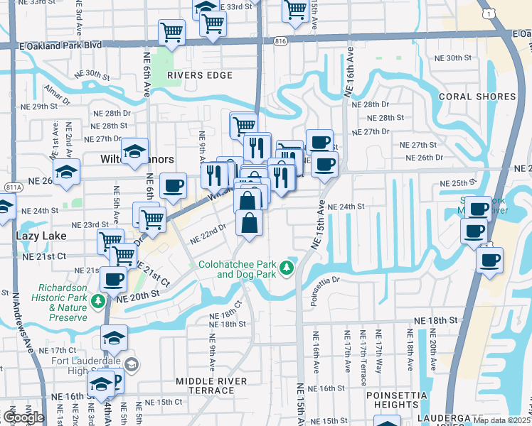 map of restaurants, bars, coffee shops, grocery stores, and more near 2200 Northeast 12th Avenue in Wilton Manors