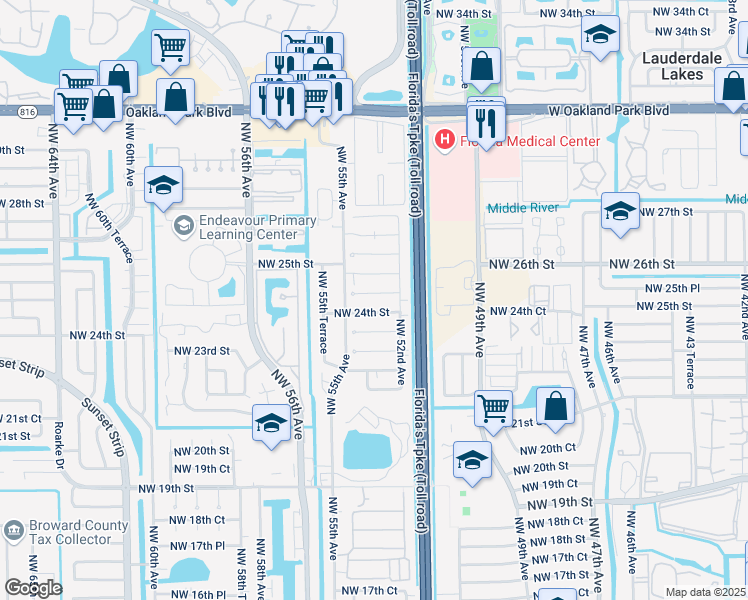 map of restaurants, bars, coffee shops, grocery stores, and more near 5307 Northwest 24th Street in Lauderhill