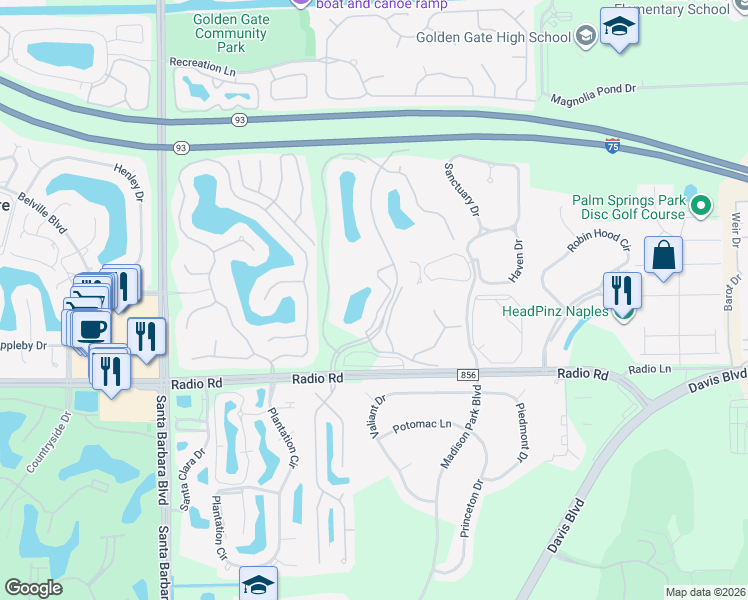 map of restaurants, bars, coffee shops, grocery stores, and more near 185 Gabriel Circle in Naples