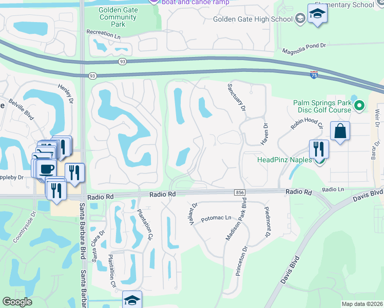 map of restaurants, bars, coffee shops, grocery stores, and more near 185 Gabriel Circle in Naples