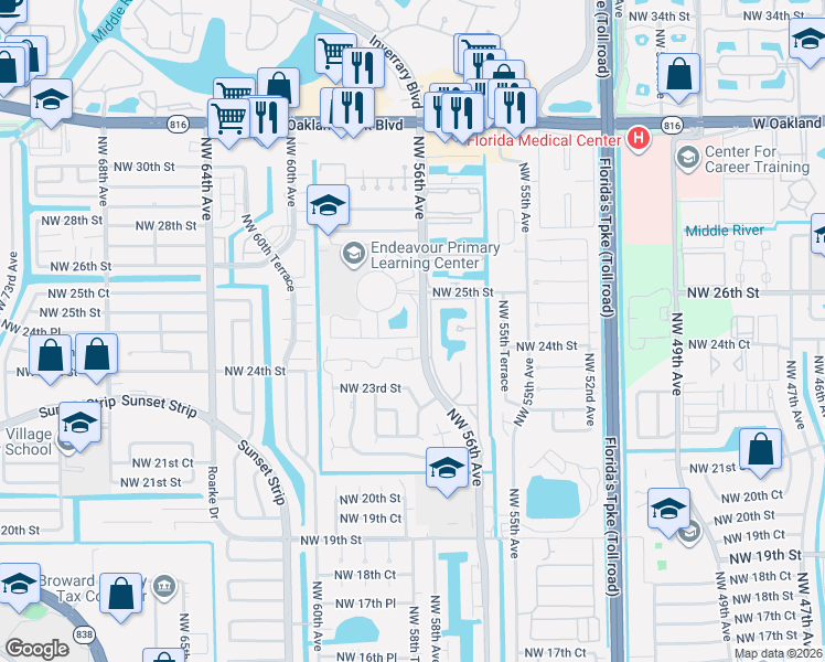 map of restaurants, bars, coffee shops, grocery stores, and more near 2571 Northwest 56th Avenue in Lauderhill