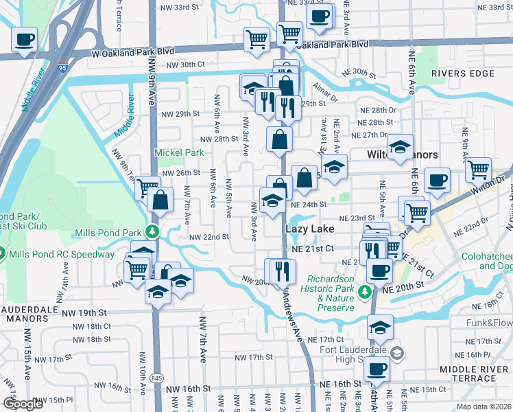 map of restaurants, bars, coffee shops, grocery stores, and more near 2300 Northwest 3rd Avenue in Wilton Manors
