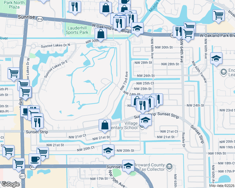 map of restaurants, bars, coffee shops, grocery stores, and more near 2430 Northwest 73rd Avenue in Sunrise