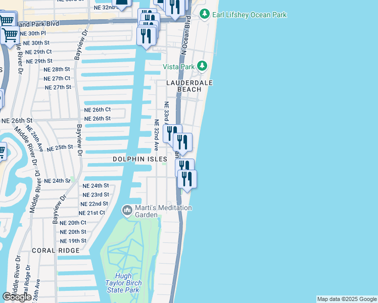 map of restaurants, bars, coffee shops, grocery stores, and more near 2210 Northeast 22nd Street in Fort Lauderdale