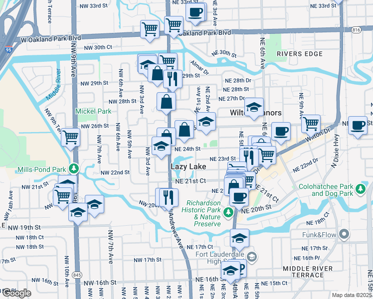map of restaurants, bars, coffee shops, grocery stores, and more near 40 Northeast 24th Street in Lazy Lake
