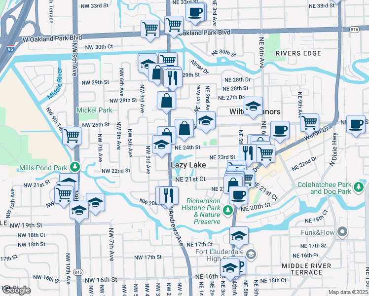 map of restaurants, bars, coffee shops, grocery stores, and more near 40 Northeast 24th Street in Lazy Lake