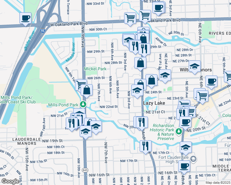 map of restaurants, bars, coffee shops, grocery stores, and more near 2300 Northwest 5th Avenue in Wilton Manors