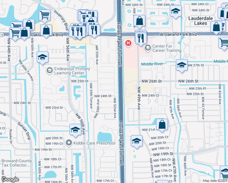 map of restaurants, bars, coffee shops, grocery stores, and more near 2332 Northwest 52nd Avenue in Lauderhill