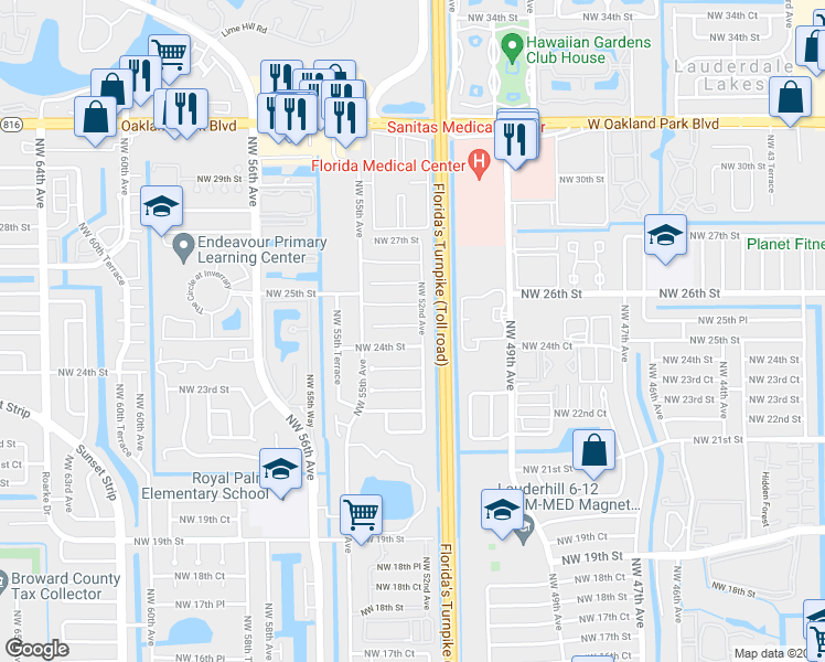 map of restaurants, bars, coffee shops, grocery stores, and more near 5307 Northwest 24th Street in Lauderhill