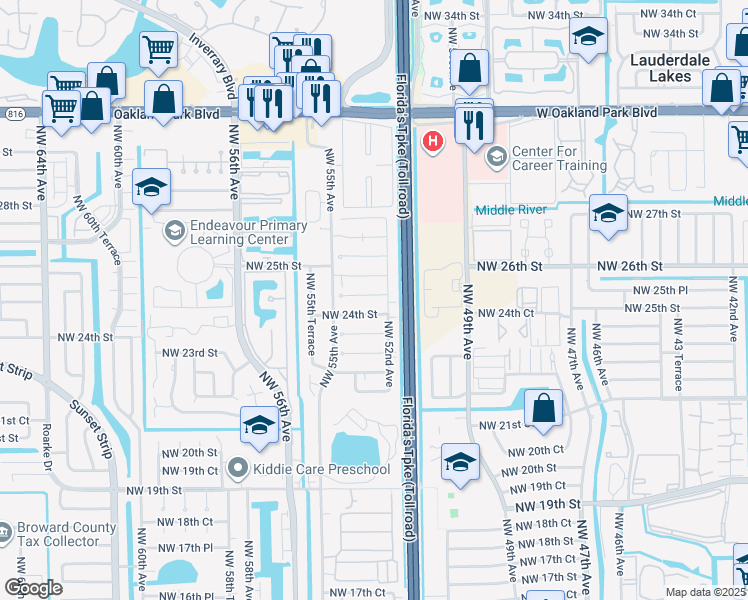 map of restaurants, bars, coffee shops, grocery stores, and more near 5307 Northwest 24th Street in Lauderhill