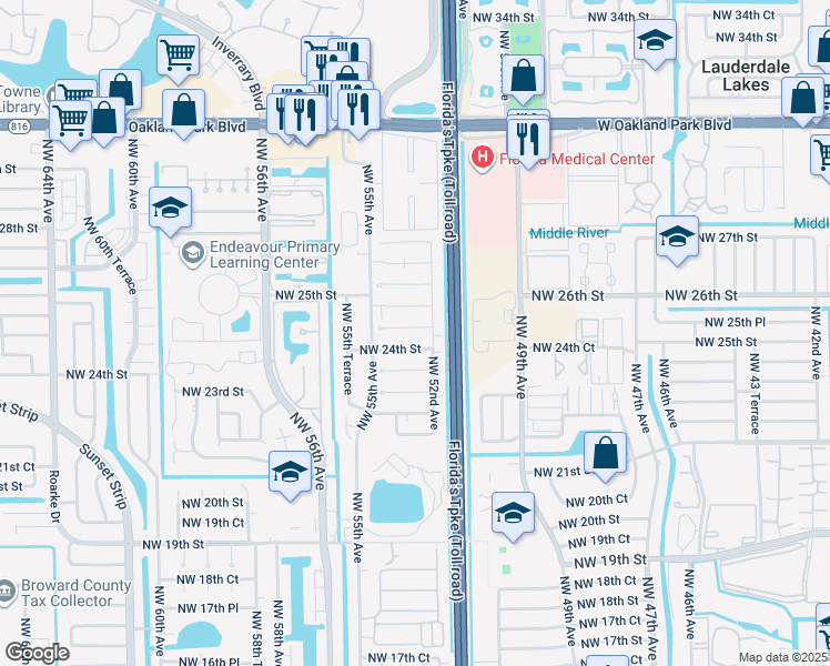 map of restaurants, bars, coffee shops, grocery stores, and more near 5307 Northwest 24th Street in Lauderhill