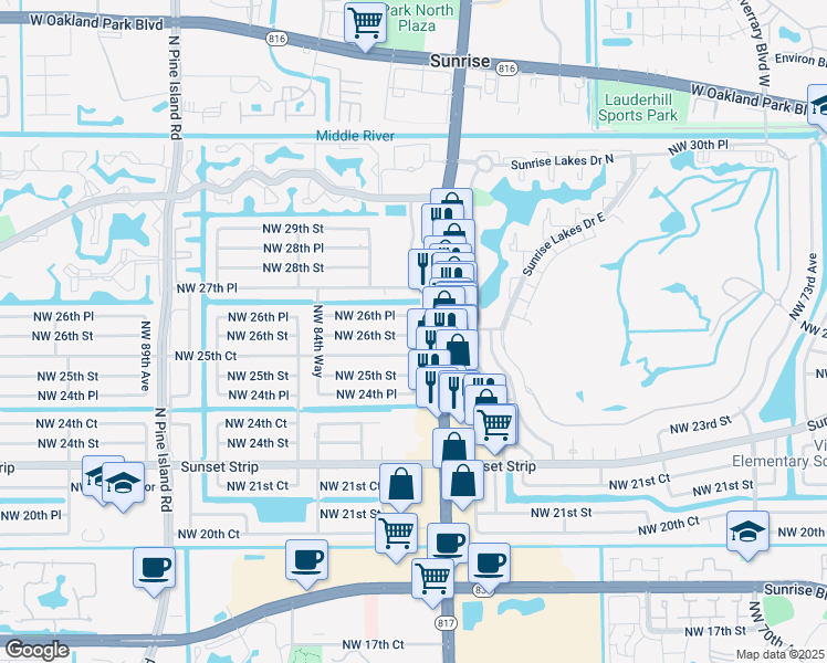 map of restaurants, bars, coffee shops, grocery stores, and more near 8313 Northwest 25th Court in Sunrise