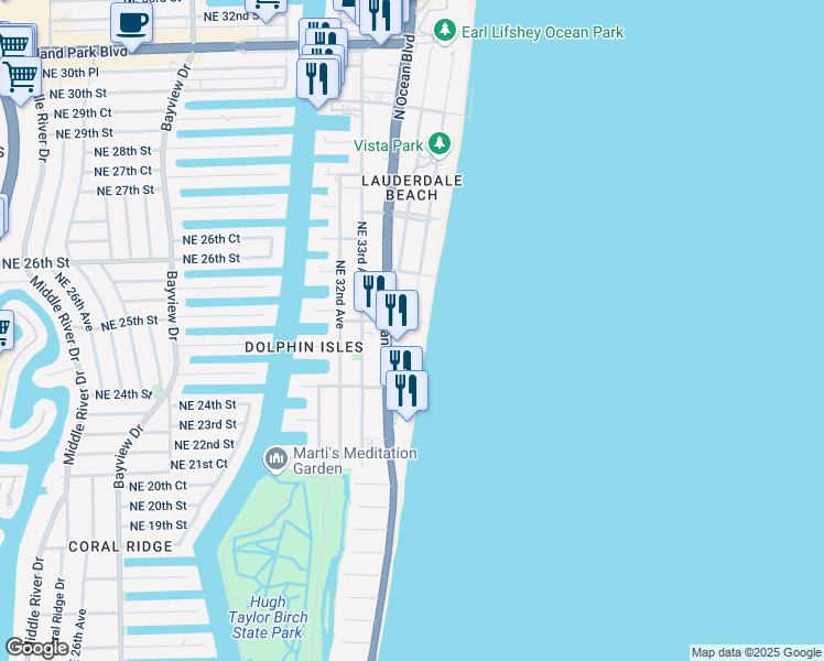 map of restaurants, bars, coffee shops, grocery stores, and more near 2210 Northeast 22nd Street in Fort Lauderdale