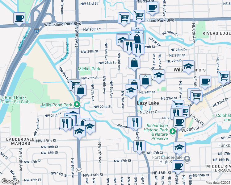map of restaurants, bars, coffee shops, grocery stores, and more near 2300 Northwest 5th Avenue in Wilton Manors
