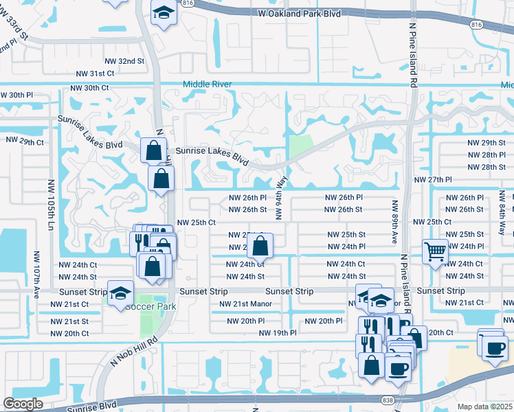 map of restaurants, bars, coffee shops, grocery stores, and more near 9571 Northwest 25th Court in Sunrise