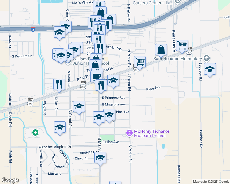 map of restaurants, bars, coffee shops, grocery stores, and more near 101-199 E Primrose Ave in La Feria
