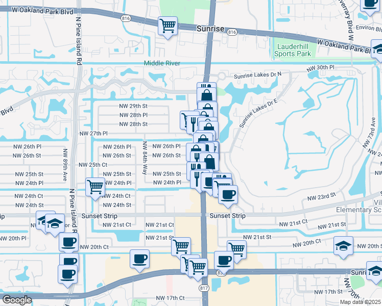map of restaurants, bars, coffee shops, grocery stores, and more near in Sunrise