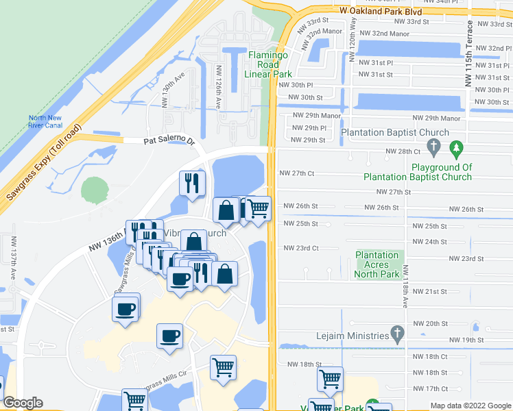 map of restaurants, bars, coffee shops, grocery stores, and more near 2681 Pink Flamingo Lane in Sunrise