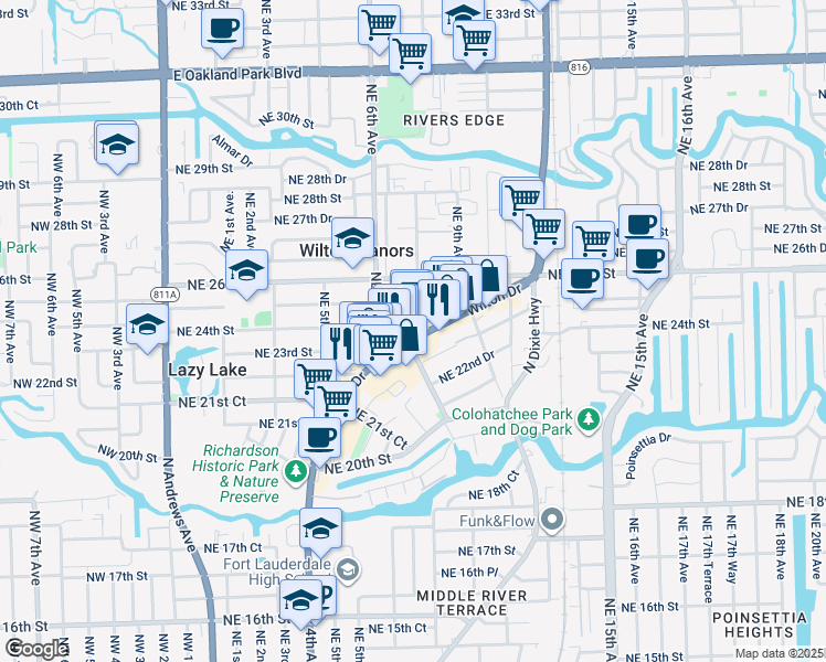 map of restaurants, bars, coffee shops, grocery stores, and more near 2263 Wilton Drive in Wilton Manors