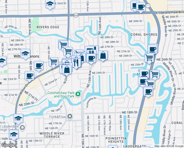 map of restaurants, bars, coffee shops, grocery stores, and more near 2307 Northeast 15th Terrace in Wilton Manors
