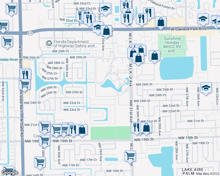 map of restaurants, bars, coffee shops, grocery stores, and more near 2725 Somerset Drive in Lauderdale Lakes