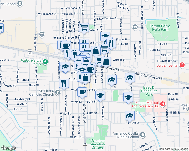 map of restaurants, bars, coffee shops, grocery stores, and more near 400 South Illinois Avenue in Weslaco