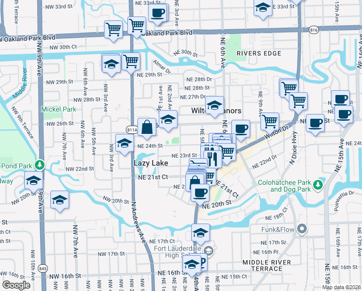map of restaurants, bars, coffee shops, grocery stores, and more near 301 Northeast 23rd Street in Wilton Manors
