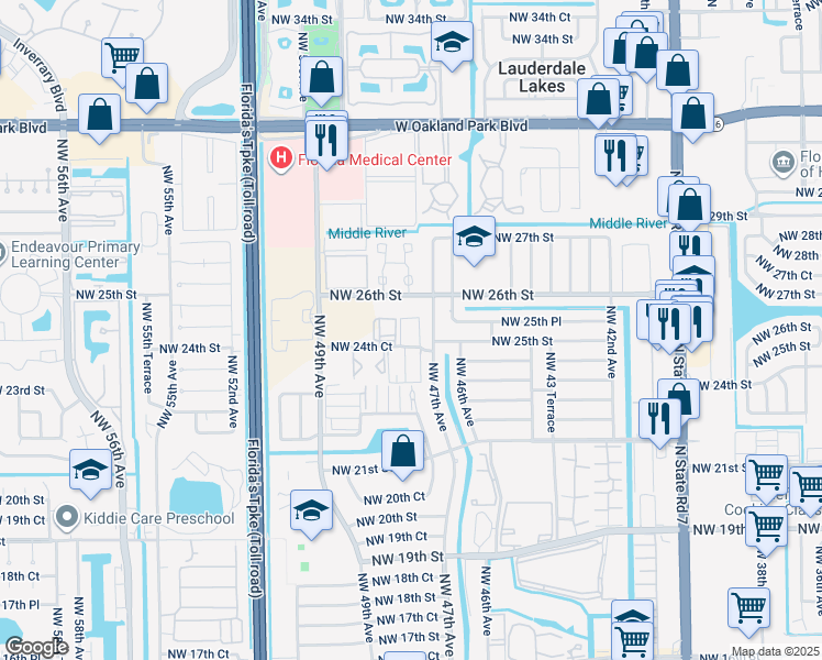 map of restaurants, bars, coffee shops, grocery stores, and more near 4780 Northwest 24th Court in Lauderdale Lakes