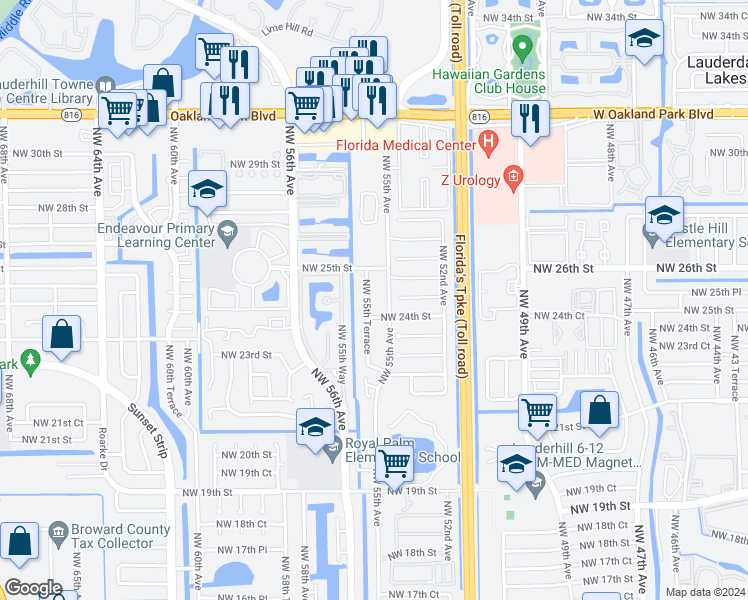 map of restaurants, bars, coffee shops, grocery stores, and more near 5501 Northwest 24th Street in Lauderhill