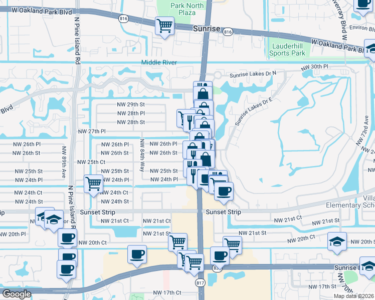 map of restaurants, bars, coffee shops, grocery stores, and more near in Sunrise
