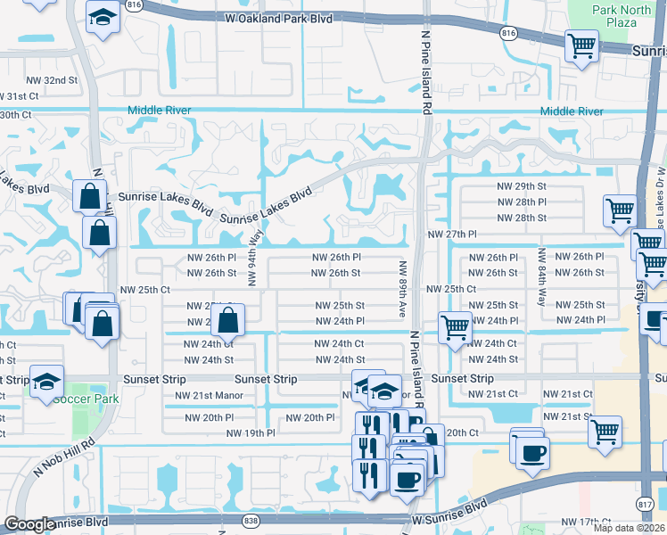 map of restaurants, bars, coffee shops, grocery stores, and more near 9191 Northwest 25th Court in Sunrise