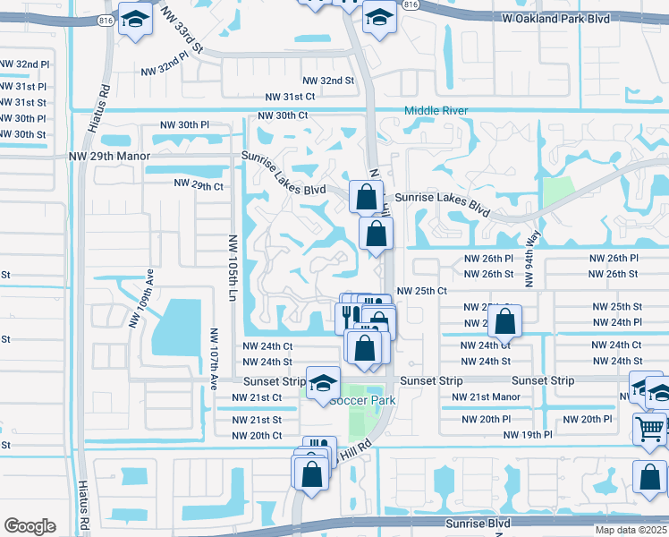 map of restaurants, bars, coffee shops, grocery stores, and more near 10217 Northwest 24th Place in Sunrise