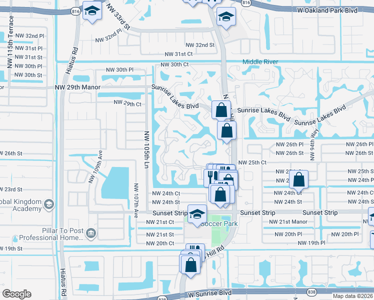 map of restaurants, bars, coffee shops, grocery stores, and more near 10369 Northwest 24th Place in Sunrise