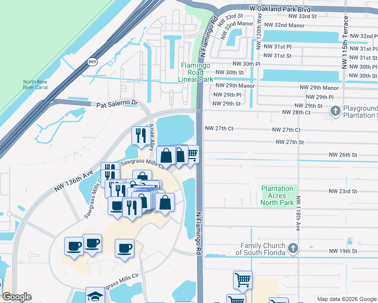 map of restaurants, bars, coffee shops, grocery stores, and more near 12360 Northwest 26th Street in Plantation