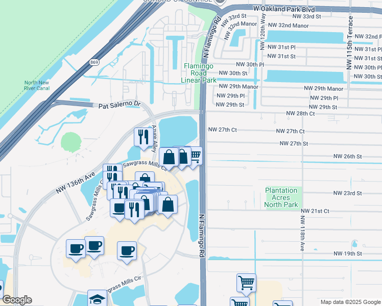 map of restaurants, bars, coffee shops, grocery stores, and more near 2681 Pink Flamingo Lane in Sunrise