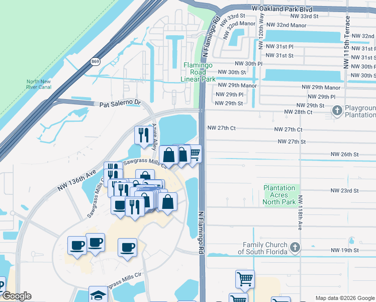 map of restaurants, bars, coffee shops, grocery stores, and more near 2681 Pink Flamingo Lane in Sunrise