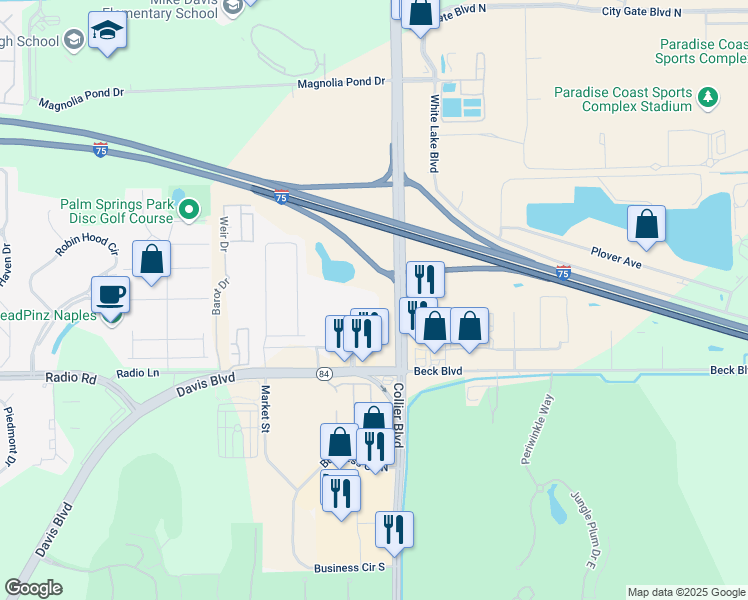 map of restaurants, bars, coffee shops, grocery stores, and more near Collier Blvd in Naples