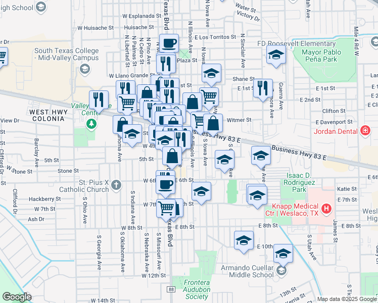 map of restaurants, bars, coffee shops, grocery stores, and more near 501 South Kansas Avenue in Weslaco