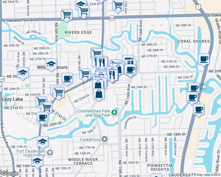 map of restaurants, bars, coffee shops, grocery stores, and more near 1220 Northeast 24th Street in Fort Lauderdale