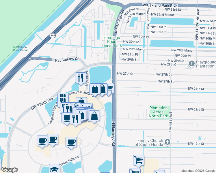 map of restaurants, bars, coffee shops, grocery stores, and more near 12360 Northwest 26th Street in Plantation