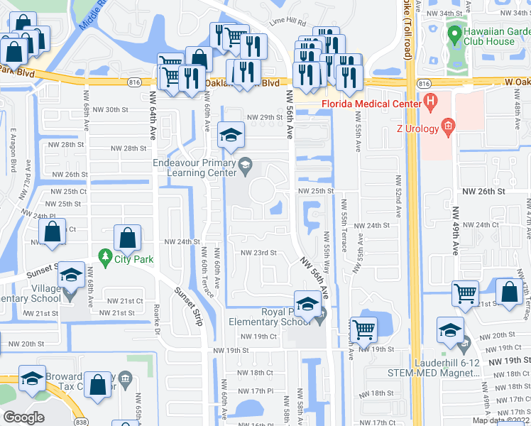 map of restaurants, bars, coffee shops, grocery stores, and more near 5725 Blueberry Court in Lauderhill