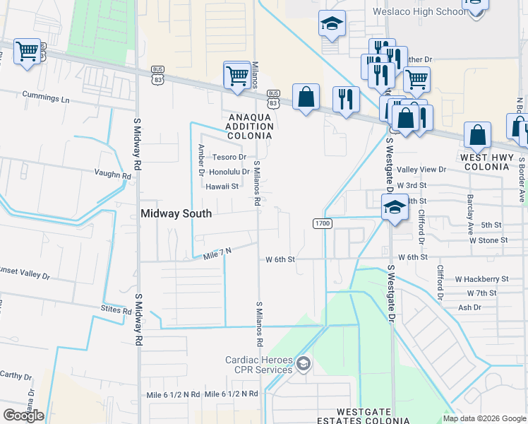 map of restaurants, bars, coffee shops, grocery stores, and more near 413 South Milano Road in Weslaco
