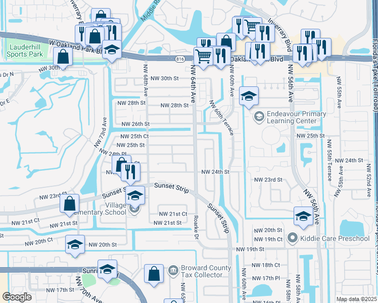 map of restaurants, bars, coffee shops, grocery stores, and more near 6421 Northwest 24th Place in Sunrise