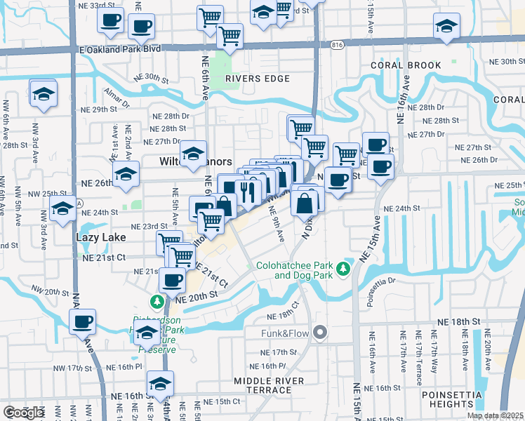 map of restaurants, bars, coffee shops, grocery stores, and more near 2291 Northeast 9th Avenue in Wilton Manors
