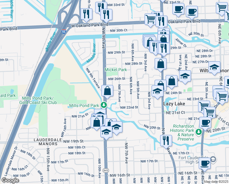 map of restaurants, bars, coffee shops, grocery stores, and more near 23 The Common in Wilton Manors