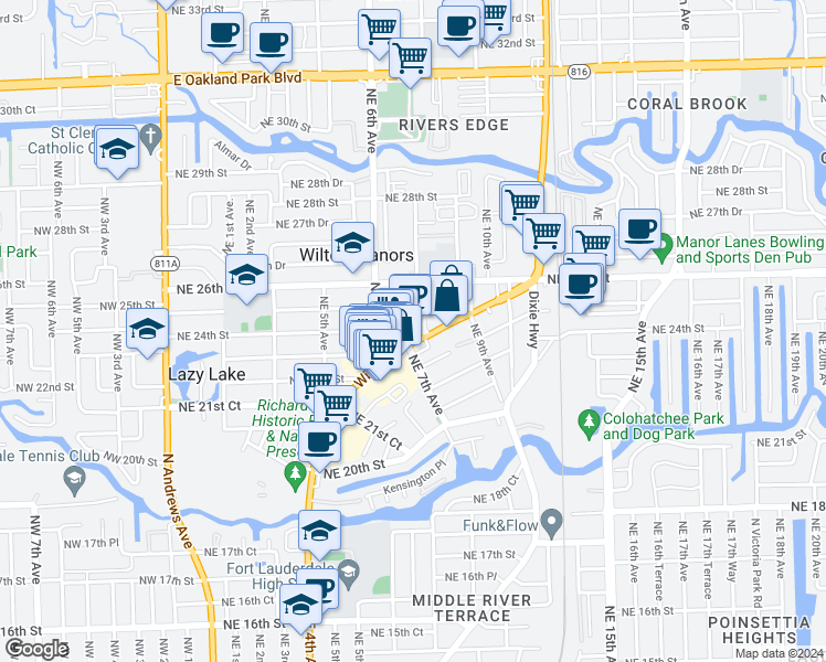map of restaurants, bars, coffee shops, grocery stores, and more near 2301 Wilton Drive in Wilton Manors