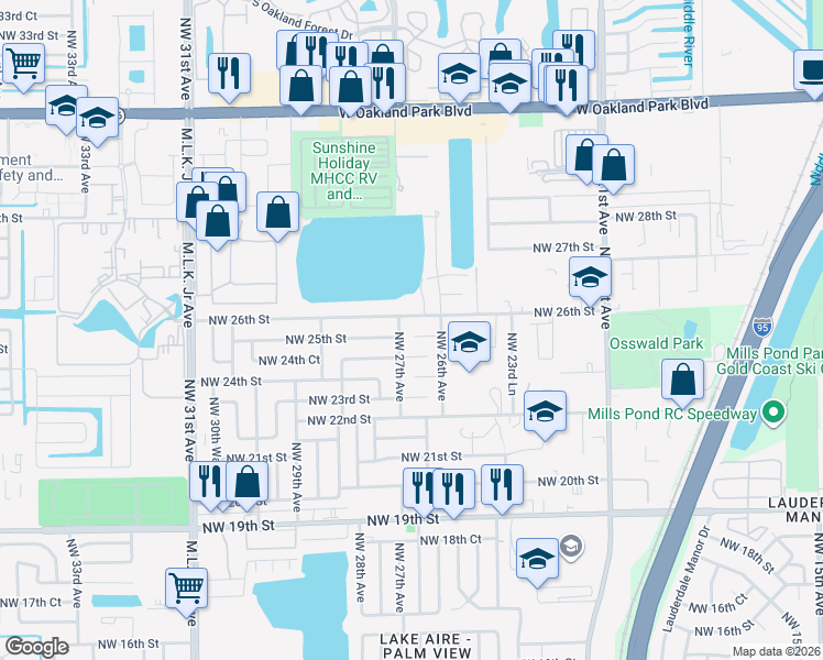 map of restaurants, bars, coffee shops, grocery stores, and more near 2639 Northwest 24th Court in Fort Lauderdale